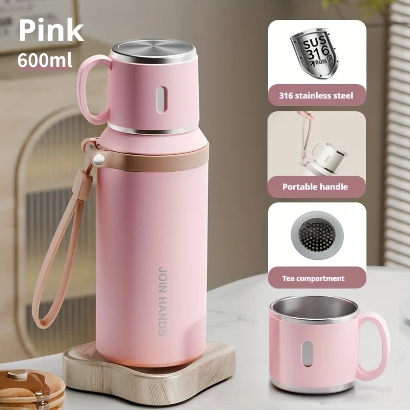 600ML/20oz Stainless Steel Insulated Cup Leakproof Sports Thermal Water Bottle Mug Tour Hiking Portable Vacuum Drink Bottle
