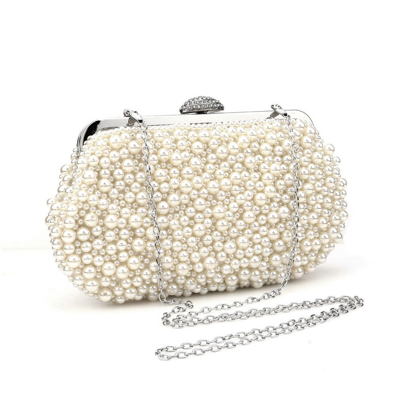 Women Clutch Purse Wallet Bag Female White Beaded Evening Bags Lady Handbag Purses Dinner Minaudiere Bag Party Bag With Chain