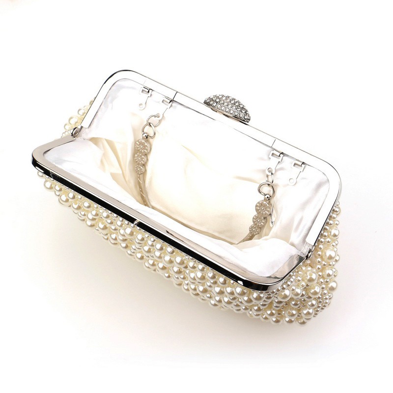 Women Clutch Purse Wallet Bag Female White Beaded Evening Bags Lady Handbag Purses Dinner Minaudiere Bag Party Bag With Chain