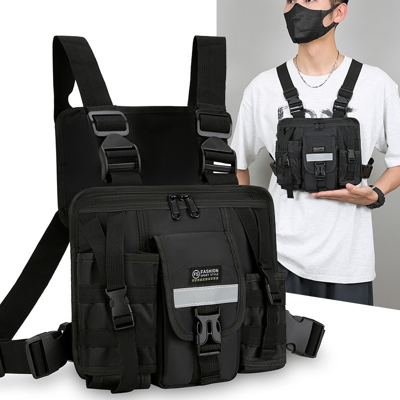 Reflective Design Waterproof Front Chest Bag Running Hip Hop Streetwear Vest Bag Multiple Pockets Outdoor Hiking Backpack