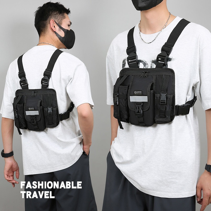 Reflective Design Waterproof Front Chest Bag Running Hip Hop Streetwear Vest Bag Multiple Pockets Outdoor Hiking Backpack