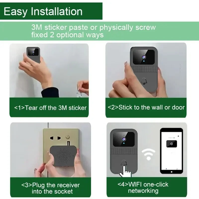 Smart Wireless Doorbell Camera Wifi Night Vision Intercom Video Two-way Audio Voice Change Digital Door Peepholes Home Security