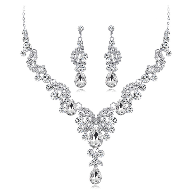 Elegant Floral Waterdrop Bridal Jewelry Set Red Crystal Necklace Earring Set For Women Wedding Party Jewelry Accessories