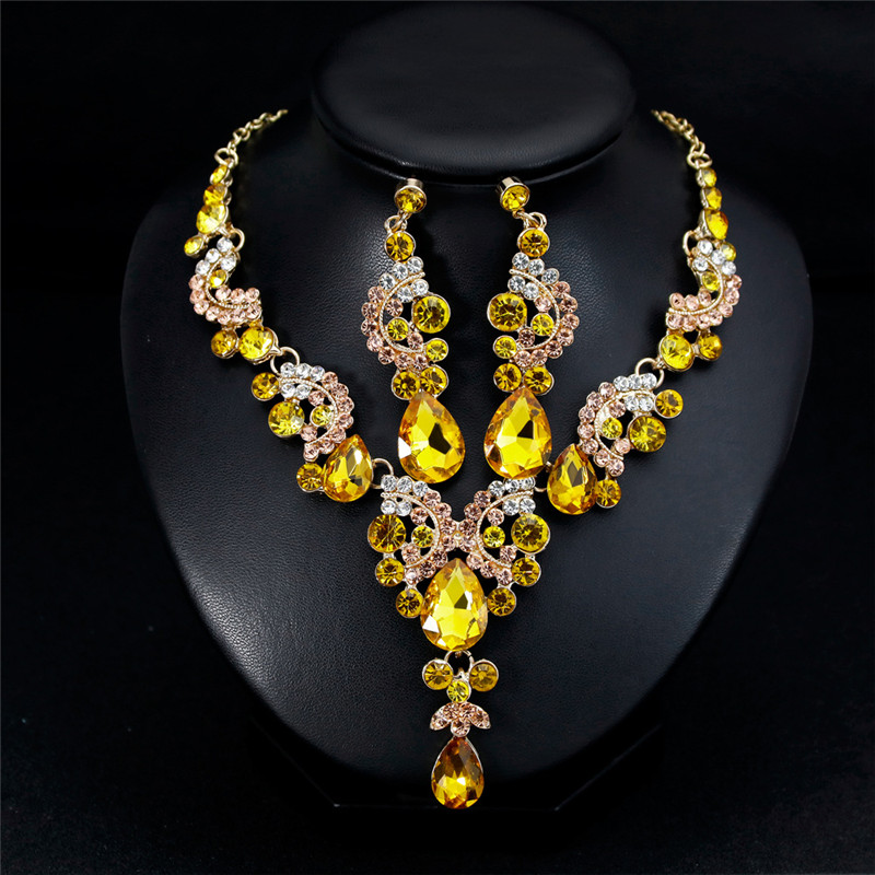 Elegant Floral Waterdrop Bridal Jewelry Set Red Crystal Necklace Earring Set For Women Wedding Party Jewelry Accessories