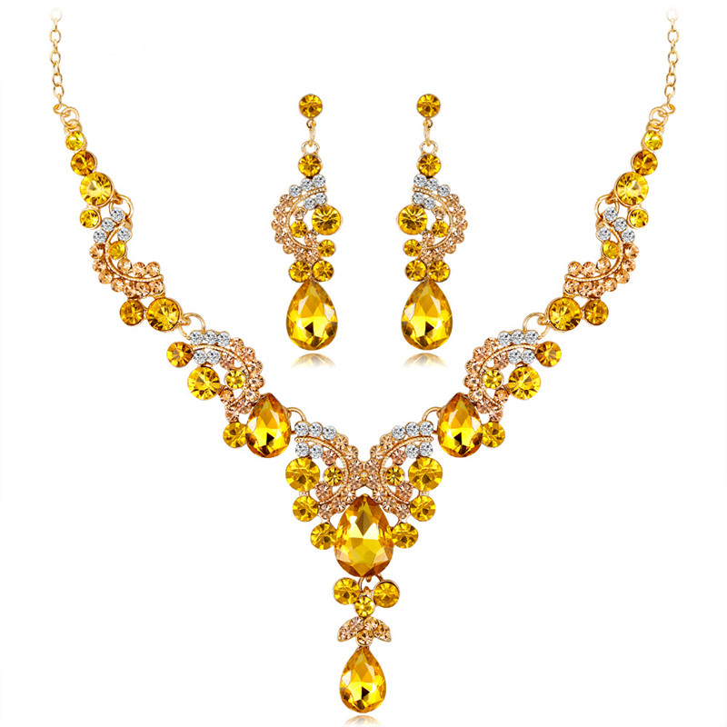 Elegant Floral Waterdrop Bridal Jewelry Set Red Crystal Necklace Earring Set For Women Wedding Party Jewelry Accessories