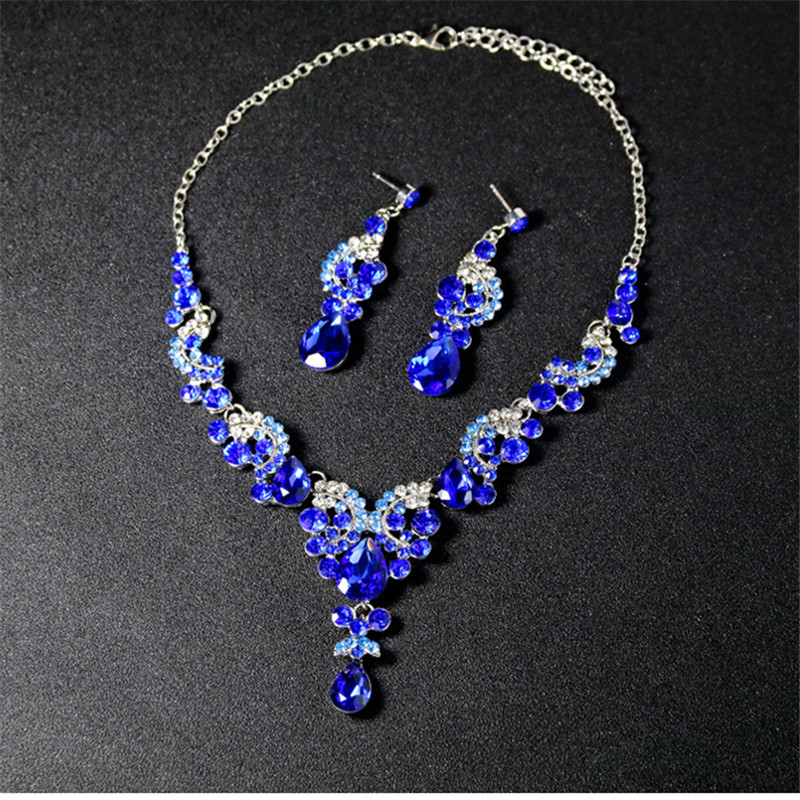 Elegant Floral Waterdrop Bridal Jewelry Set Red Crystal Necklace Earring Set For Women Wedding Party Jewelry Accessories