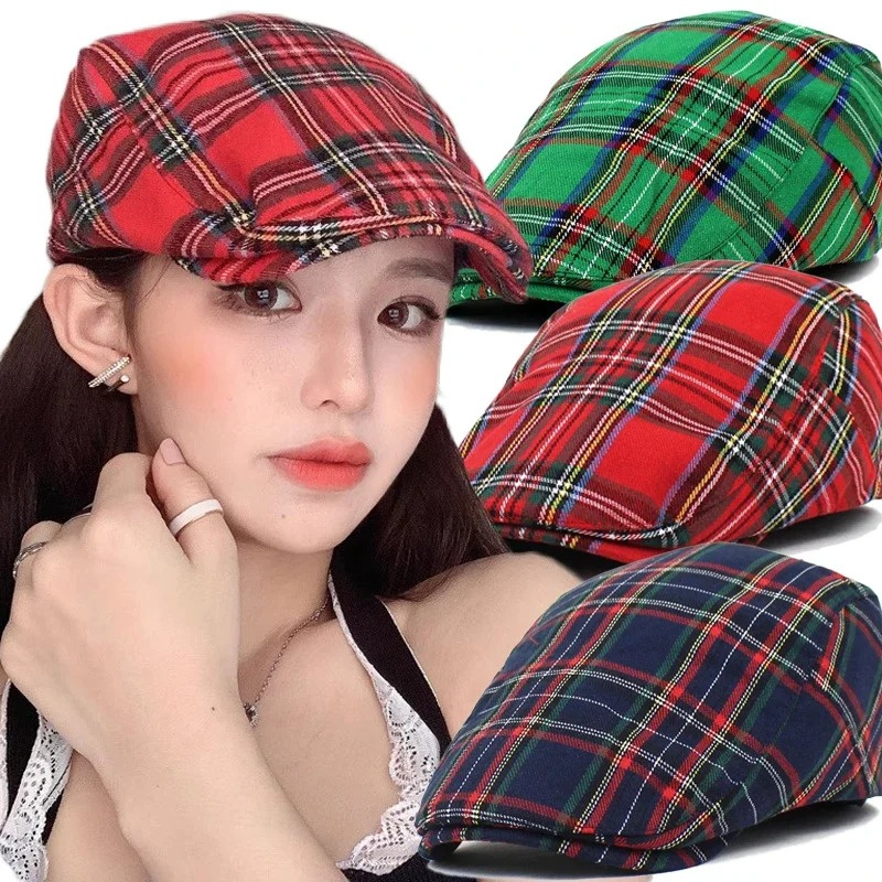 Women Plaid Berets Hat Men French Style Cap Cotton Plaid Visors Red Green Blue Duckbill Herringbone Flat Cap Ladies Winter Hat
