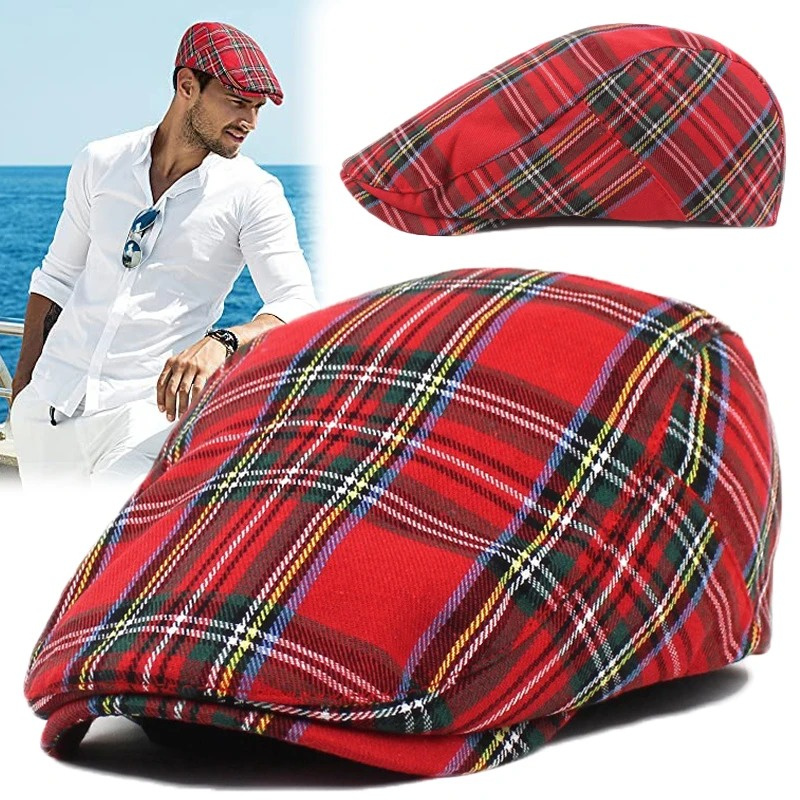 Women Plaid Berets Hat Men French Style Cap Cotton Plaid Visors Red Green Blue Duckbill Herringbone Flat Cap Ladies Winter Hat