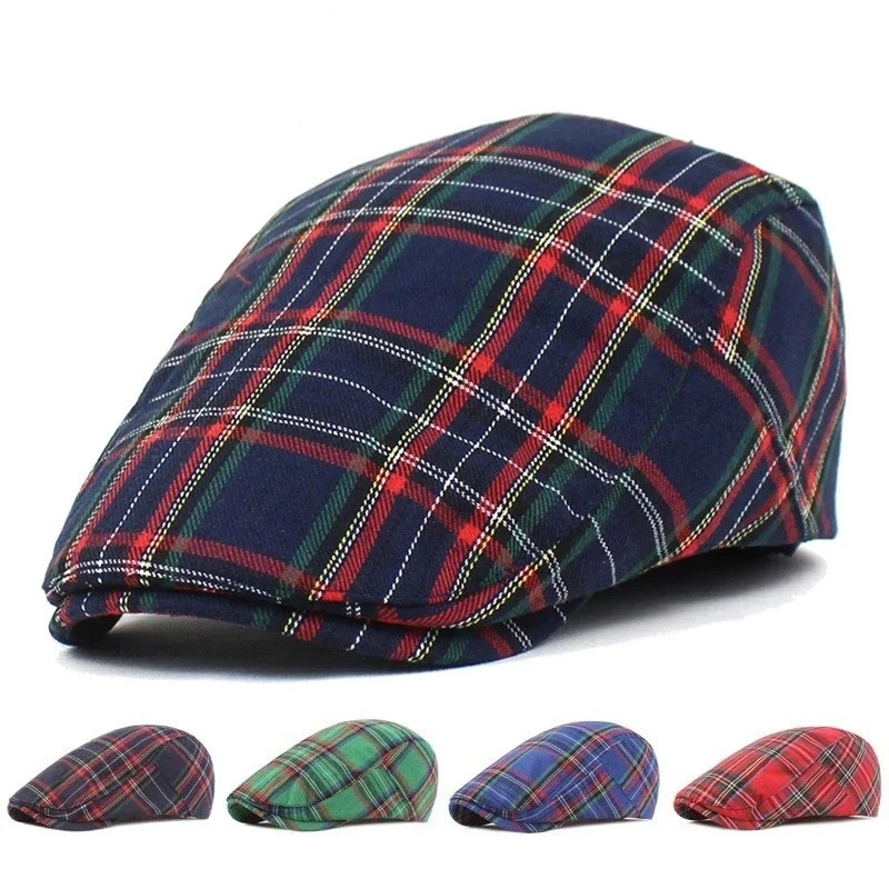 Women Plaid Berets Hat Men French Style Cap Cotton Plaid Visors Red Green Blue Duckbill Herringbone Flat Cap Ladies Winter Hat