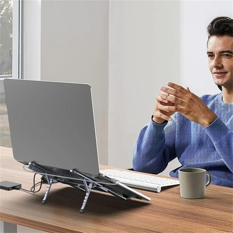 Aluminum Alloy Mini Foldable Laptop Stand with USB HUB Docking Station Adjustable Portable Notebook iPad Holder for 10-17 Inch