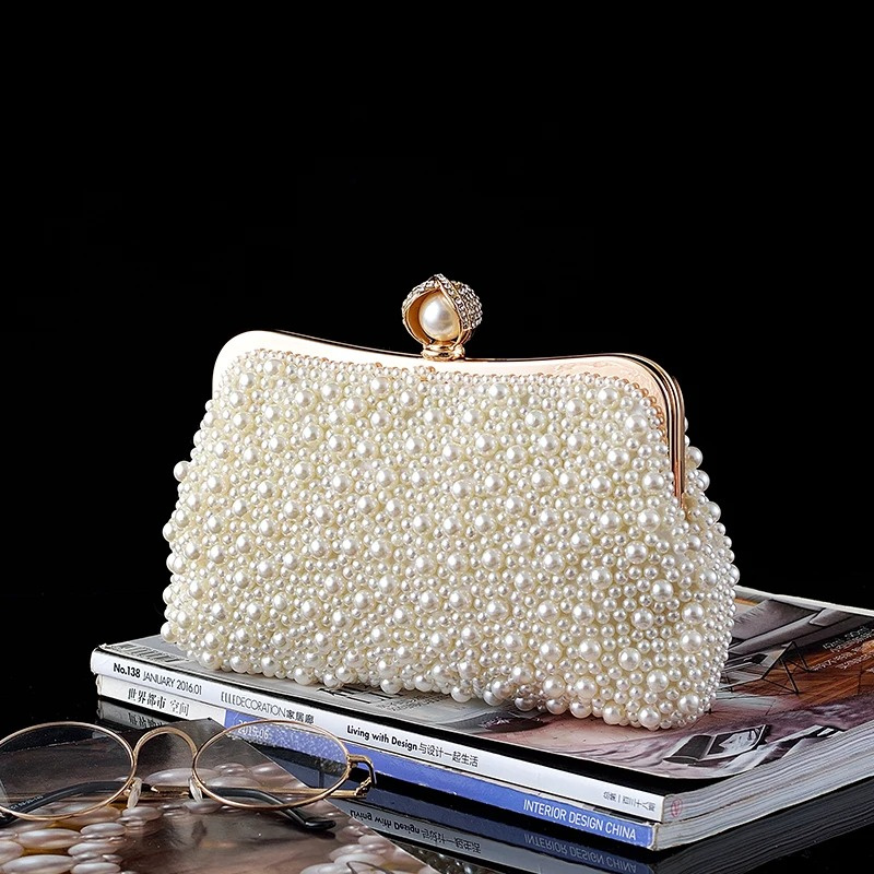 Luxury Handmade Wedding Evening Bag Chain Shoulder Bag Full Beaded Clutch Bag Ladies Artificial Pearls Handbag for Wedding Party