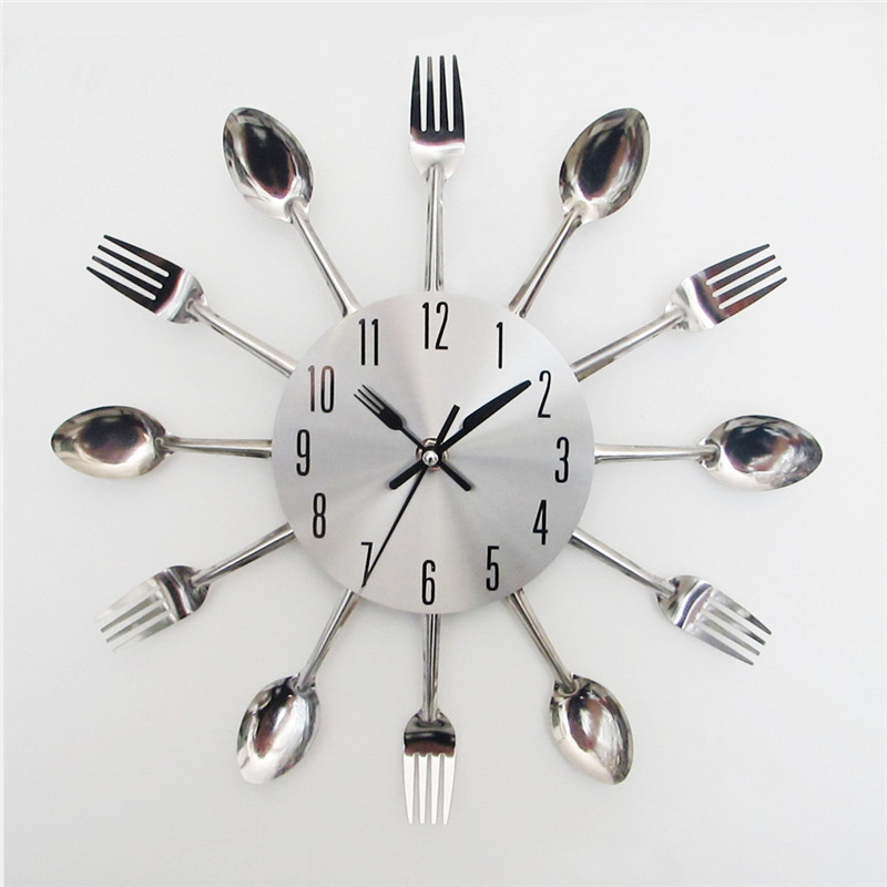 Stainless Steel Fork Spoon Kitchen Restaurant Wall Clock Home Decoration Fashion Wall Clocks Modern Horloge Murale Decor