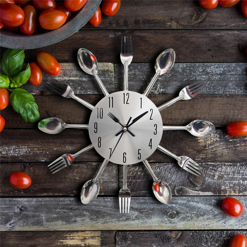 Stainless Steel Fork Spoon Kitchen Restaurant Wall Clock Home Decoration Fashion Wall Clocks Modern Horloge Murale Decor