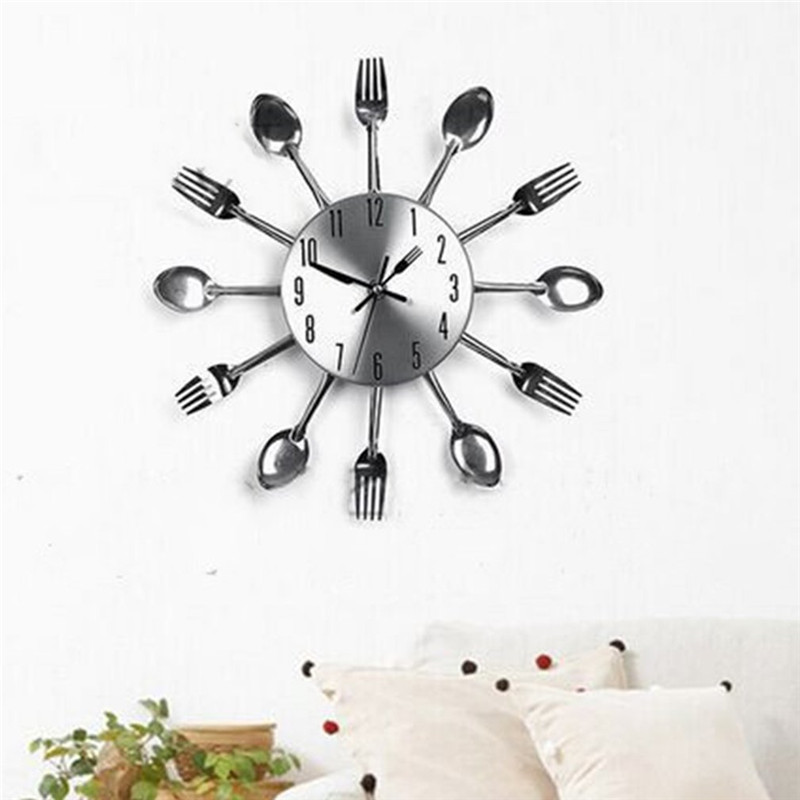 Stainless Steel Fork Spoon Kitchen Restaurant Wall Clock Home Decoration Fashion Wall Clocks Modern Horloge Murale Decor