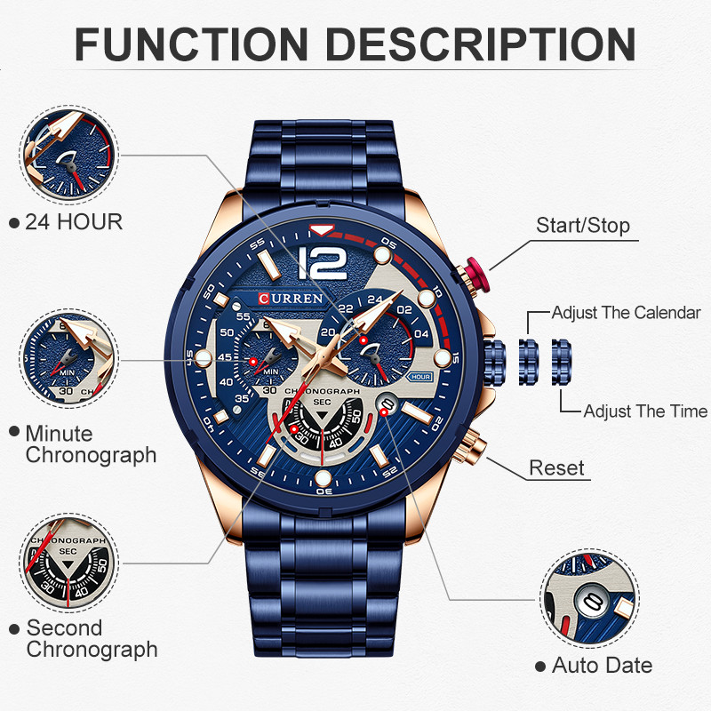 CURREN Casual Chronograph Quartz Watch Waterproof Stainless Steel Luminous Watches Men Sport Luxury Business Wristwatch Clock