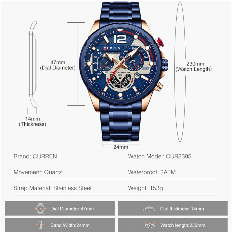 CURREN Casual Chronograph Quartz Watch Waterproof Stainless Steel Luminous Watches Men Sport Luxury Business Wristwatch Clock