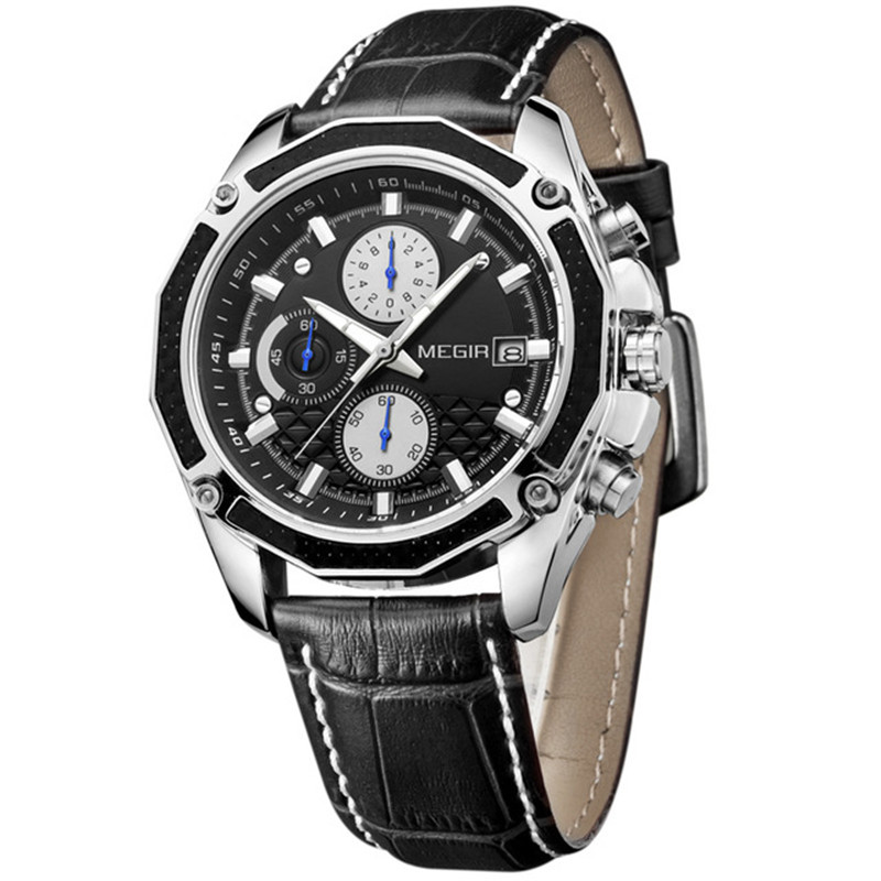 MEGIR Men Fashion Casual Leather Calendar Chronograph Watches Men Waterproof Sport Quartz Watch Luxury Luminous Wristwatch