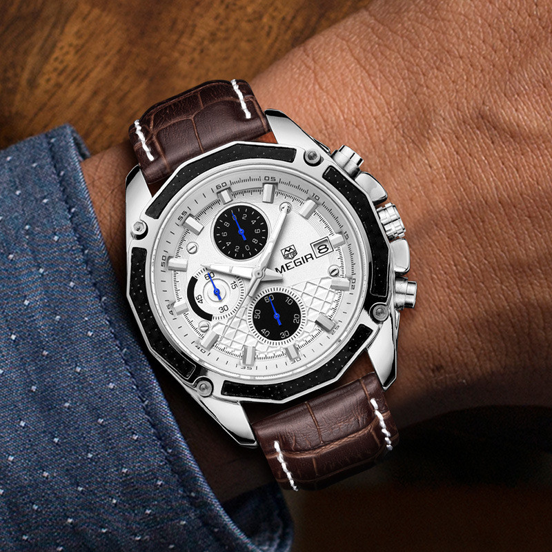 MEGIR Men Fashion Casual Leather Calendar Chronograph Watches Men Waterproof Sport Quartz Watch Luxury Luminous Wristwatch