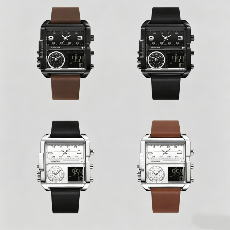 YASHIDUN Men Watch Multifunctional Large Dial Square Wristwatch Digital Sports Quartz Watch Leather Waterproof Luminous Watches