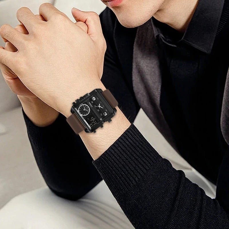 YASHIDUN Men Watch Multifunctional Large Dial Square Wristwatch Digital Sports Quartz Watch Leather Waterproof Luminous Watches