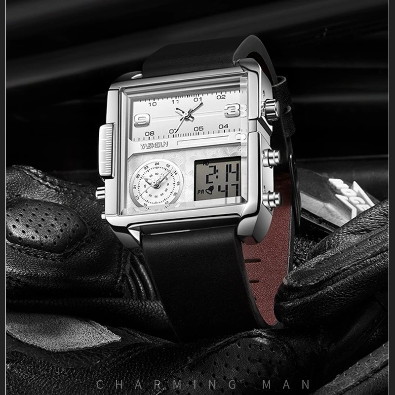 YASHIDUN Men Watch Multifunctional Large Dial Square Wristwatch Digital Sports Quartz Watch Leather Waterproof Luminous Watches