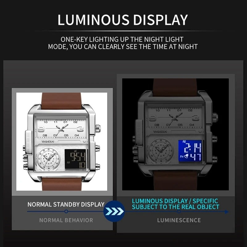 YASHIDUN Men Watch Multifunctional Large Dial Square Wristwatch Digital Sports Quartz Watch Leather Waterproof Luminous Watches
