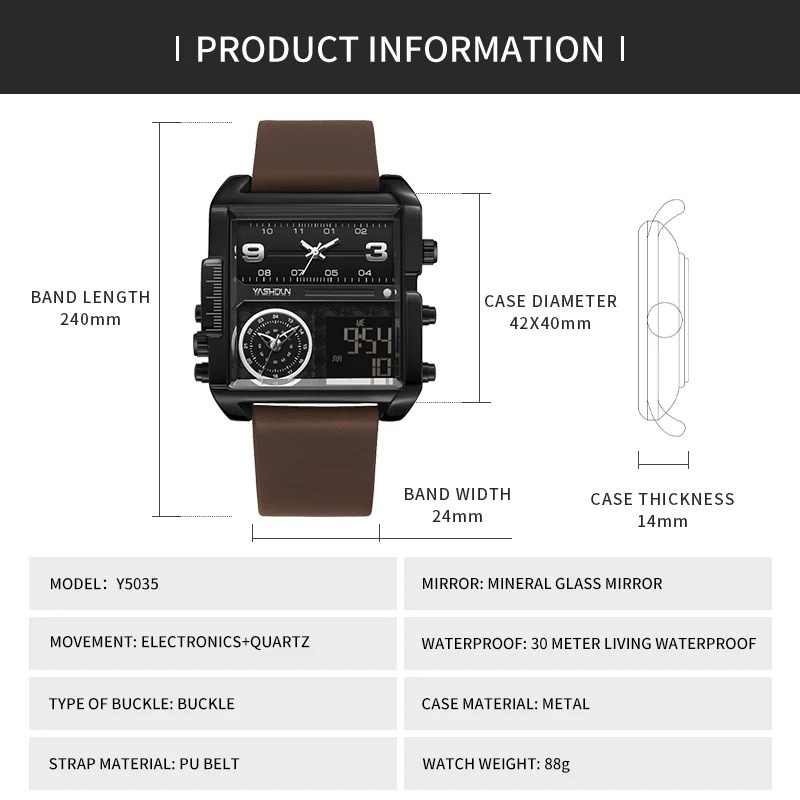 YASHIDUN Men Watch Multifunctional Large Dial Square Wristwatch Digital Sports Quartz Watch Leather Waterproof Luminous Watches