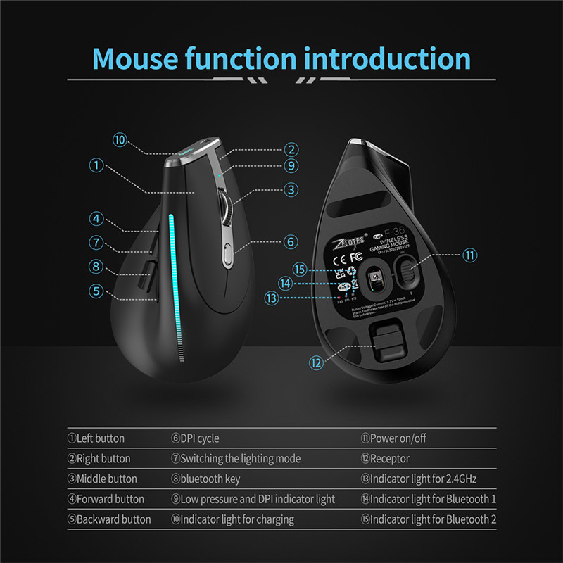 ZELOTES 2.4G Ergonomic Vertical Wireless Bluetooth Mouse Full Color Light 8 key Programming 2400DPI Gaming Mouse Optical Mice