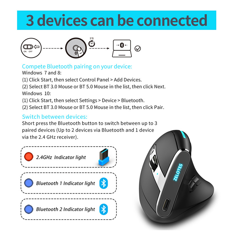 ZELOTES 2.4G Ergonomic Vertical Wireless Bluetooth Mouse Full Color Light 8 key Programming 2400DPI Gaming Mouse Optical Mice