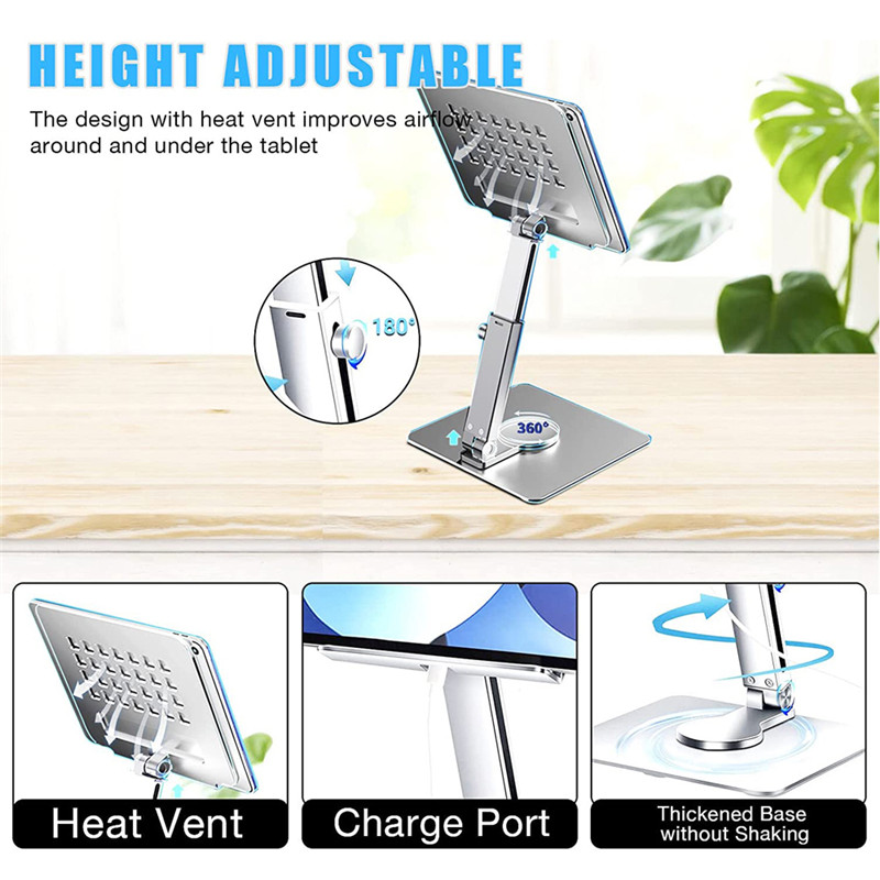 New Tablet Stand Desk Height Adjustable Aluminum iPad Stand Bracket Foldable 360° Rotation Desktop Tablet Holder Mount Dock