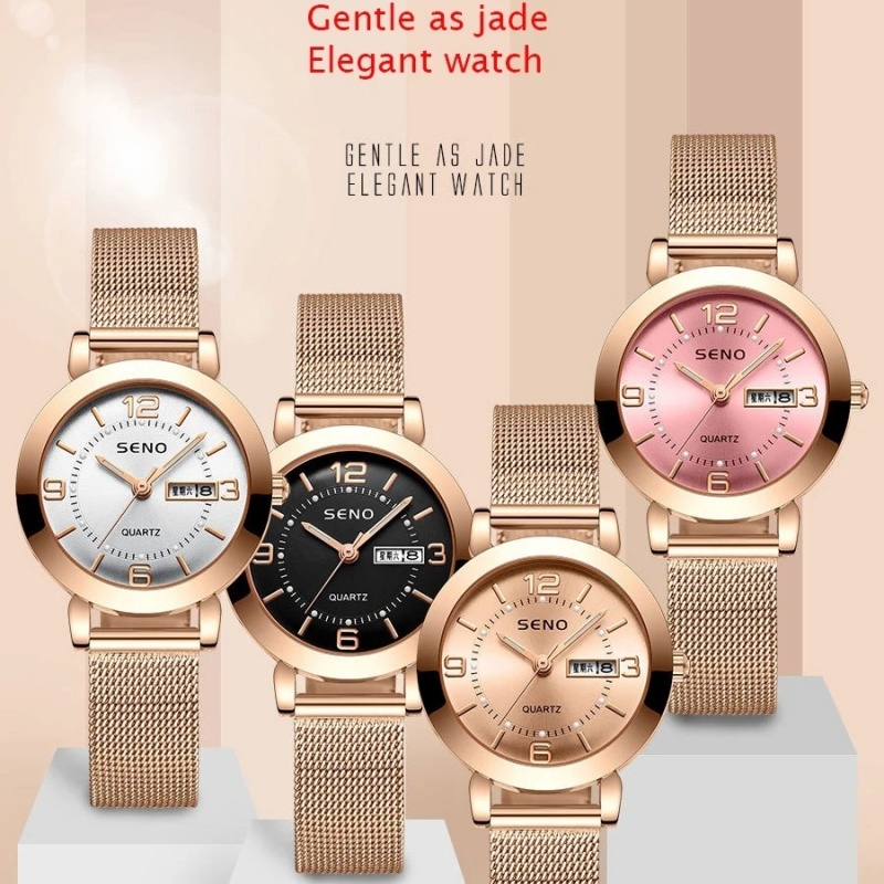 Luminous Pointers Waterproof Mesh Band Ladies Quartz Watch with Double Calendar Display Female Student Women's Alloy Wristwatch