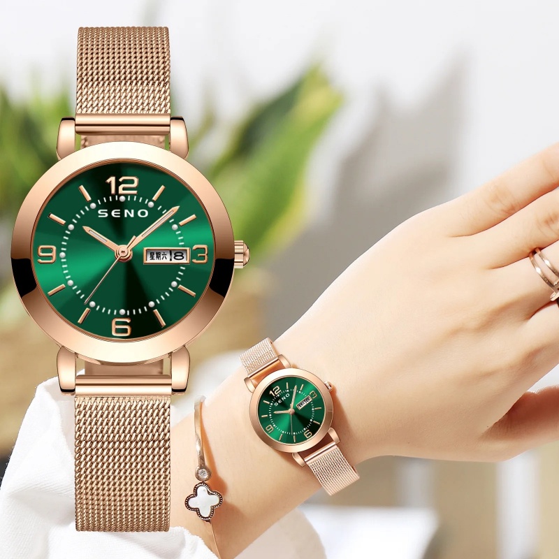 Luminous Pointers Waterproof Mesh Band Ladies Quartz Watch with Double Calendar Display Female Student Women's Alloy Wristwatch