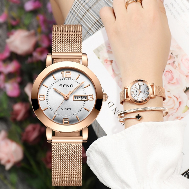 Luminous Pointers Waterproof Mesh Band Ladies Quartz Watch with Double Calendar Display Female Student Women's Alloy Wristwatch