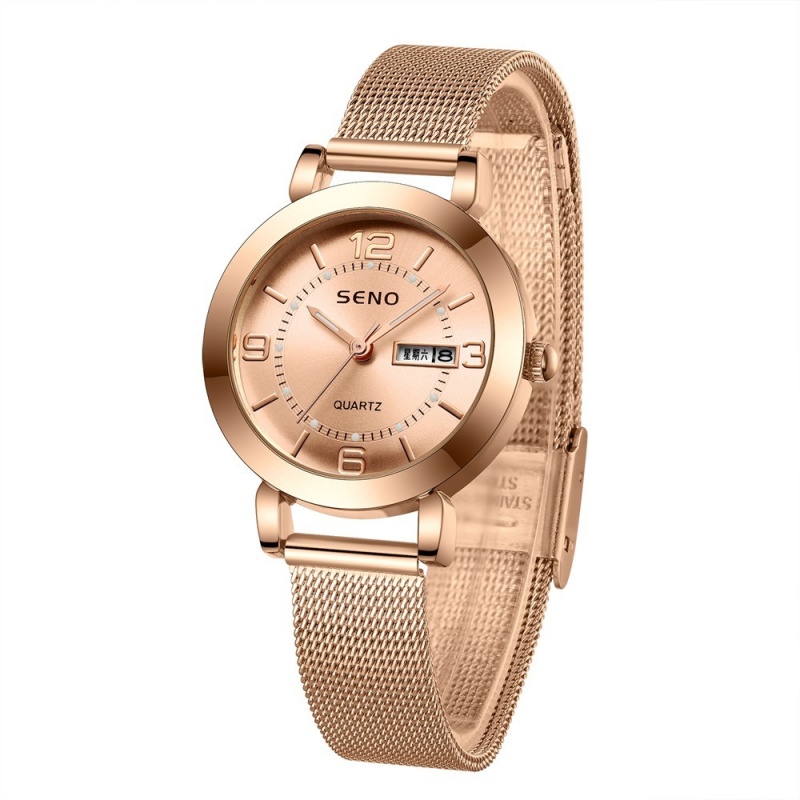 Luminous Pointers Waterproof Mesh Band Ladies Quartz Watch with Double Calendar Display Female Student Women's Alloy Wristwatch