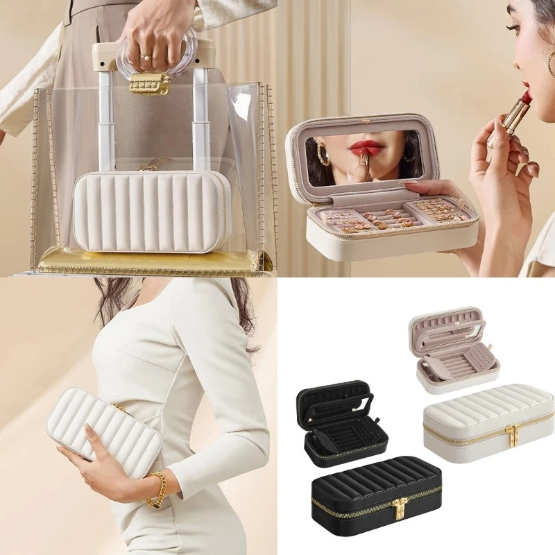 Striped Jewelry Box Metal Zipper Ring Earring Storage Box With Mirror Jewelry Packaging Pu Jewelry Box Stylish Ring Organizer