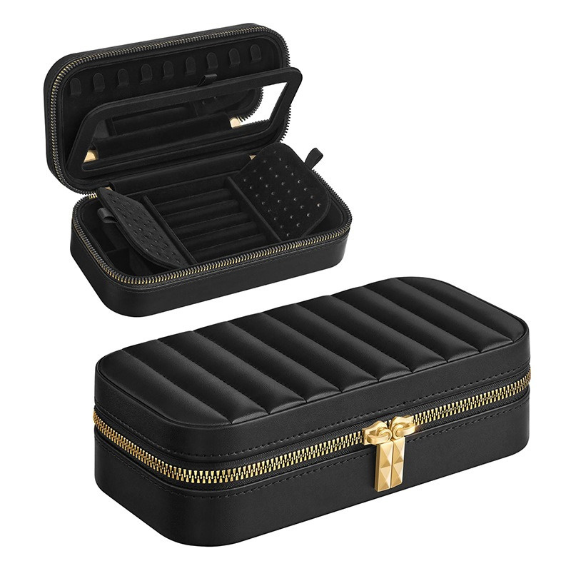 Striped Jewelry Box Metal Zipper Ring Earring Storage Box With Mirror Jewelry Packaging Pu Jewelry Box Stylish Ring Organizer
