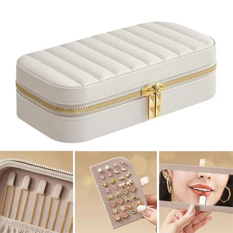 Striped Jewelry Box Metal Zipper Ring Earring Storage Box With Mirror Jewelry Packaging Pu Jewelry Box Stylish Ring Organizer