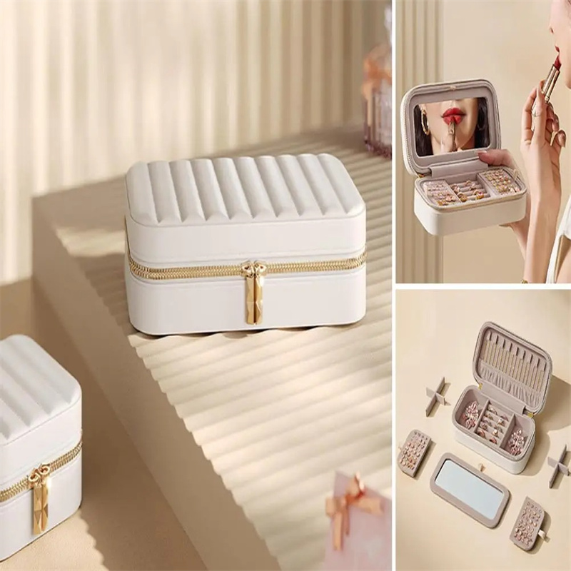 Striped Jewelry Box Metal Zipper Ring Earring Storage Box With Mirror Jewelry Packaging Pu Jewelry Box Stylish Ring Organizer
