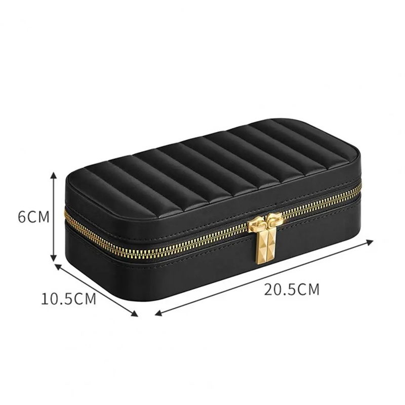 Striped Jewelry Box Metal Zipper Ring Earring Storage Box With Mirror Jewelry Packaging Pu Jewelry Box Stylish Ring Organizer