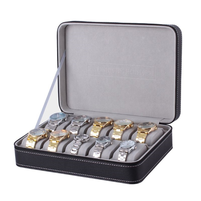 Portable Watch Box Organizer PU Leather Casket with Zipper Classic Style 10 Grids Multi-Functional Bracelet Display Case