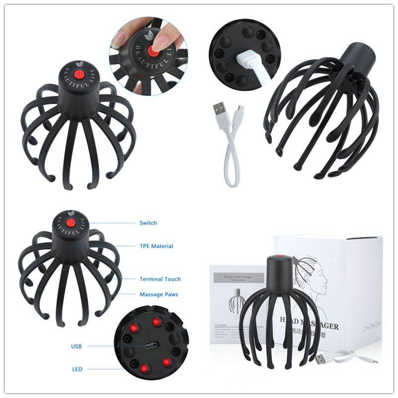Electric Octopus Claw Scalp Massager Hands Free Therapeutic Head Scratcher Relief Hair Stimulation Rechargable Stress Relief