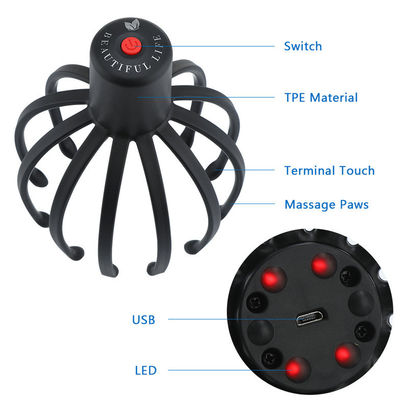 Electric Octopus Claw Scalp Massager Hands Free Therapeutic Head Scratcher Relief Hair Stimulation Rechargable Stress Relief
