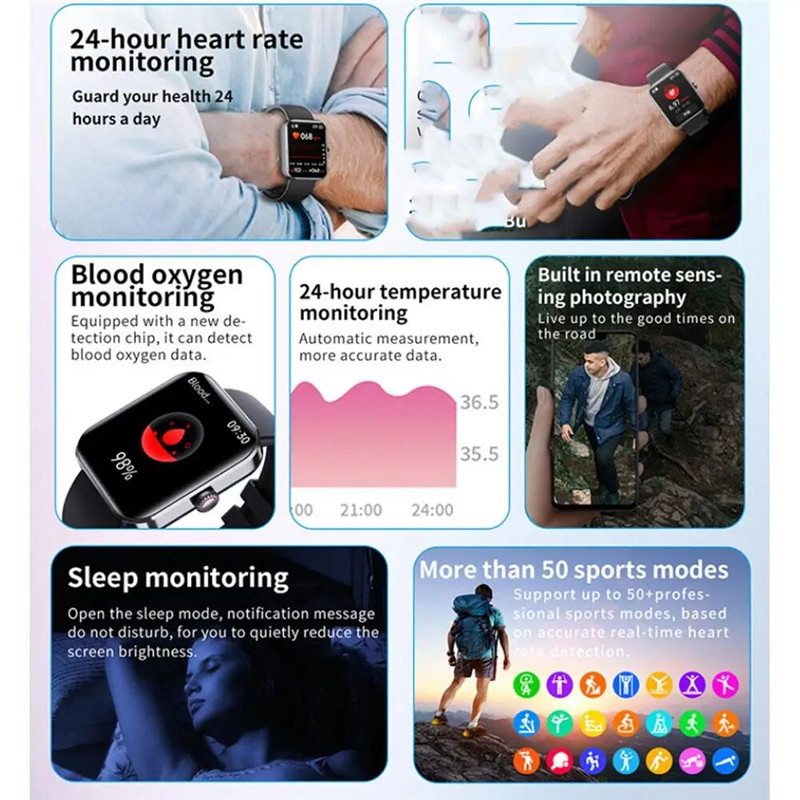 Smart Watch Blood Oxygen Pressure Heart Rate Sleep Sport Wristwatch Thermometer Monitoring Bracelet Touch Screen Smartwatch
