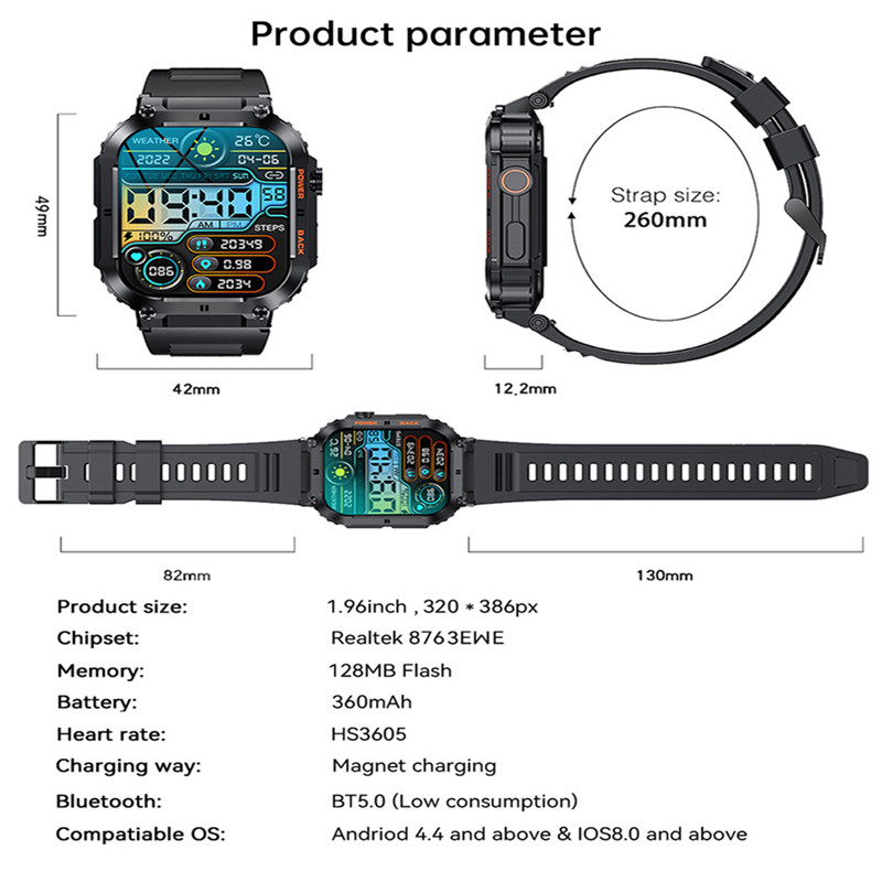 K57Pro Sport Smart Watch Bluetooth Call Health Monitor Men Smartwatch 1.96 inch Fitness Tracker Watch Bracelet for IOS Android