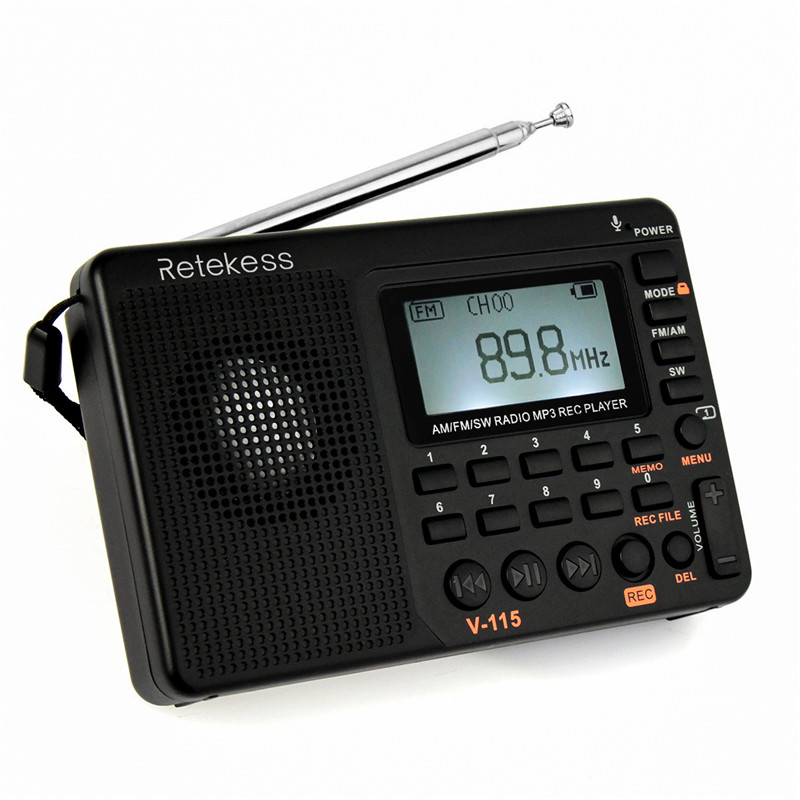 Retekess V115 Digital AM FM SW Radio Support TF Card Recording Portable Rechargeable Shortwave Radio Bass Speaker Recorder Clock