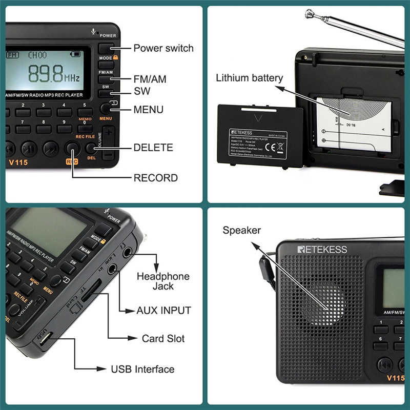 Retekess V115 Digital AM FM SW Radio Support TF Card Recording Portable Rechargeable Shortwave Radio Bass Speaker Recorder Clock