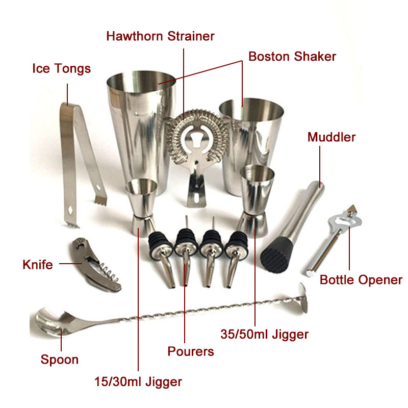 13 Pcs/set Stainless Steel Cocktail Shaker Mixer Wine Martini Boston Shaker Set Barware Kit For Bartender Drink Party Bar Tools