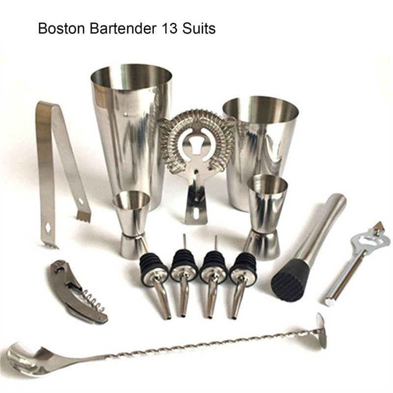 13 Pcs/set Stainless Steel Cocktail Shaker Mixer Wine Martini Boston Shaker Set Barware Kit For Bartender Drink Party Bar Tools