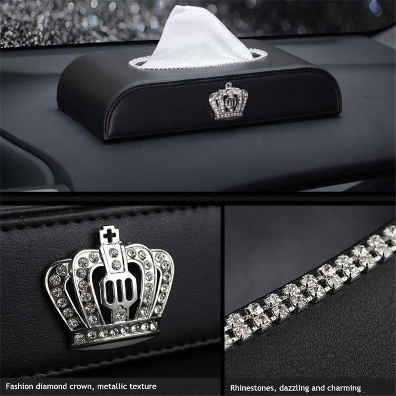 Luxury Car PU Leather Crown Crystal Tissue Box Napkin Holder  Home Office Hotel Diamond Car Tissue Paper Box Auto Accessories