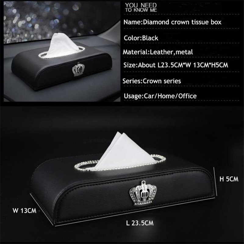 Luxury Car PU Leather Crown Crystal Tissue Box Napkin Holder  Home Office Hotel Diamond Car Tissue Paper Box Auto Accessories